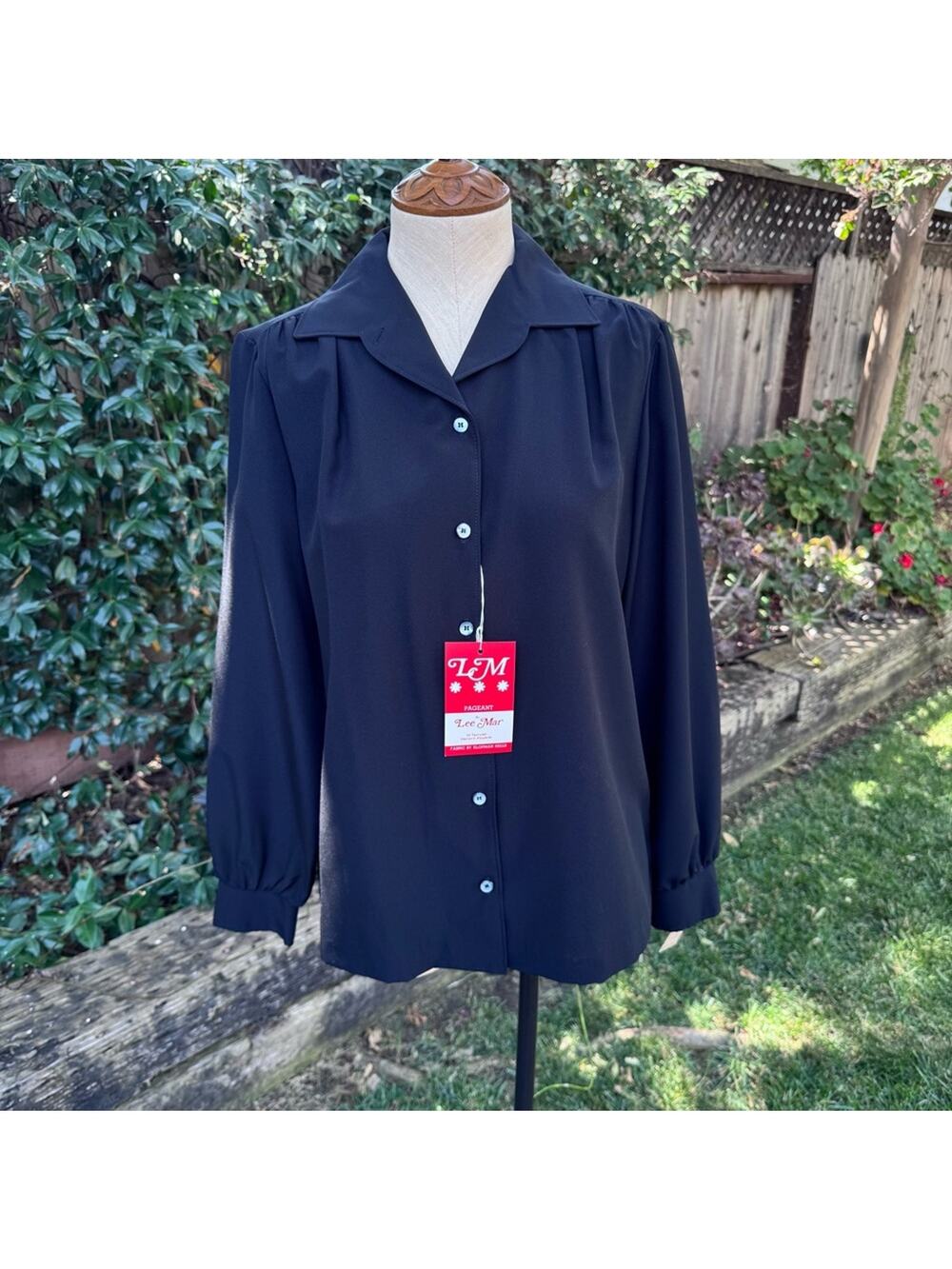NWT Vintage Black Blouse Lee Mar Pageant 1970's Long Sleeve Black Blouse NEW 14